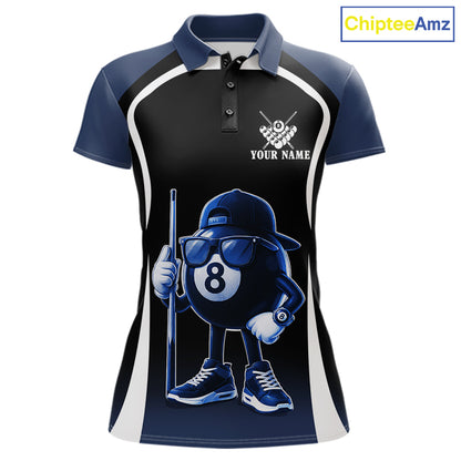 Blue Funny 8 Ball Pool US Flag Billiard Shirt For Women Custom Billiard Team Jersey Polo & 1/4 Zip TDM6365