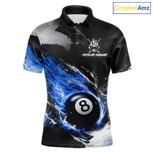 Load image into Gallery viewer, Custom Blue Flaming 8 Ball Pool Billiard Shirt For Men, Billiard Team Jersey Polo &amp; 1/4 Zip TDM6370