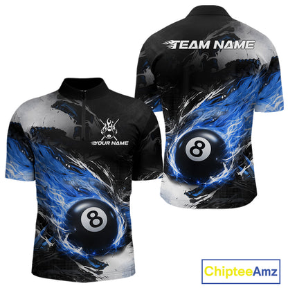 Custom Blue Flaming 8 Ball Pool Billiard Shirt For Men, Billiard Team Jersey Polo & 1/4 Zip TDM6370