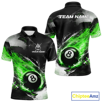 Custom Green Flaming 8 Ball Pool Billiard Shirt For Men, Billiard Team Jersey Polo & 1/4 Zip TDM6371