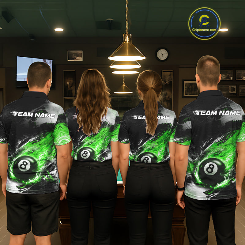 Custom Green Flaming 8 Ball Pool Billiard Shirt For Women, Billiard Team Jersey Polo & 1/4 Zip TDM6371