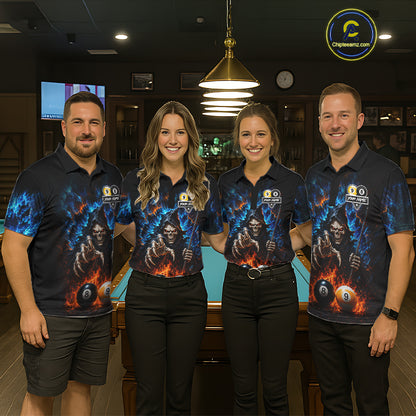 Custom Fire 8 Ball & 9 Ball Grim Reaper Billiard Shirt For Women, Pool Team Jersey Polo & 1/4 Zip TDM6563