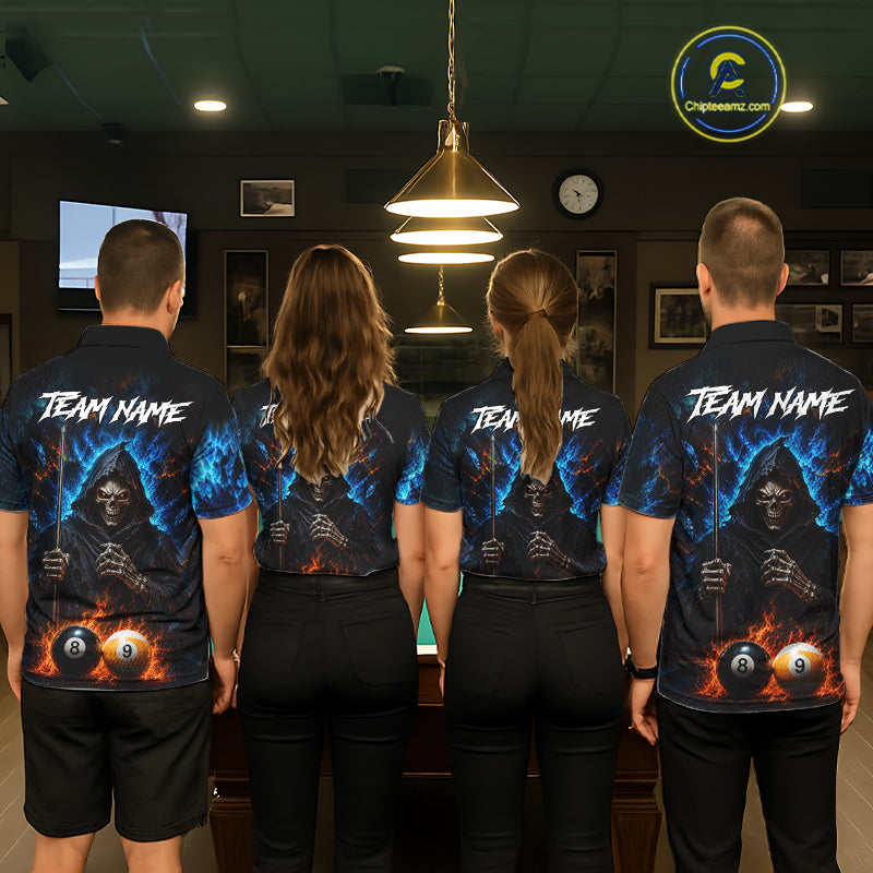Custom Fire 8 Ball & 9 Ball Grim Reaper Billiard Shirt For Women, Pool Team Jersey Polo & 1/4 Zip TDM6563