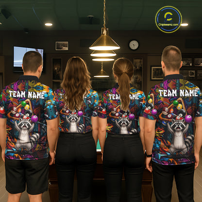 Colorful Billiard Jersey Custom Funny Raccoon Graffiti Billiard Polo & Quarter Zip Shirts For Women TDM6565
