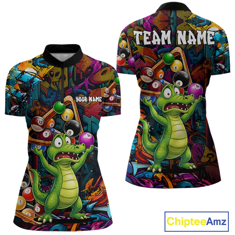 Colorful Billiard Jersey Custom Funny Dinosaur Graffiti Billiard Polo & Quarter Zip Shirts For Women TDM6566