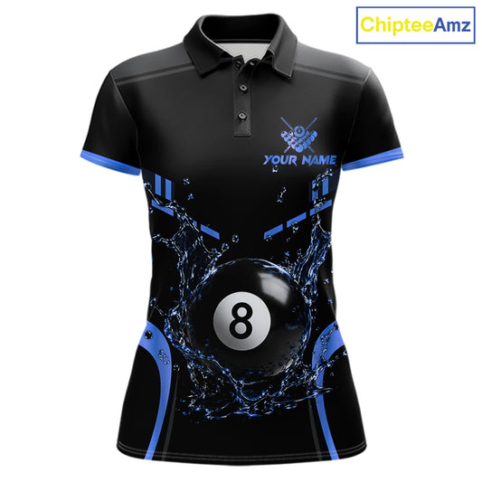 Personalized Black and Blue Billiard Water 8 Ball Pool Polo Shirt Featuring Dynamic Water Splash Artwork for Pool League Players and Team Competition