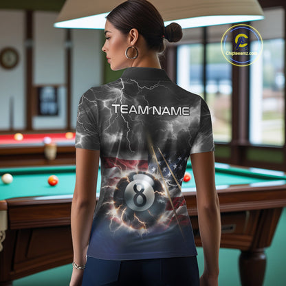Black Blue American Flag Thunder Lightning 8 Ball Billiard Shirt For Women Custom Pool Team Jersey TDM5268