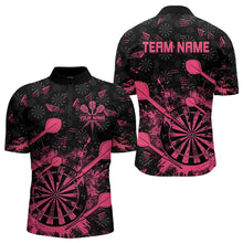 Load image into Gallery viewer, Black And Pink Grunge Darts Polo, Quarter Zip For Men Custom Dart Shirts For Team Dart Jerseys TDM3465