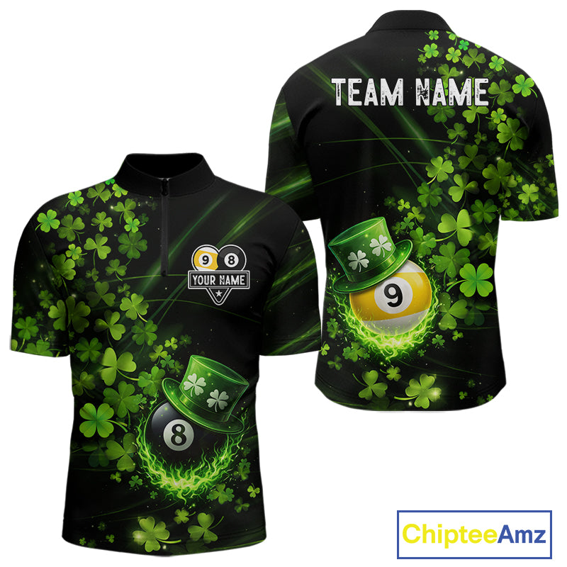Green Luckiest Shamrock 8 & 9 Ball Billiard Shirt For Men Custom St Patrick Day Pool Team Jersey TDM5780