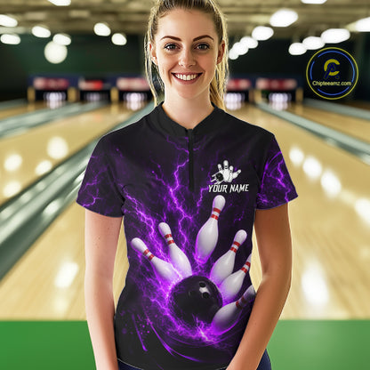 Personalized Purple Thunder Lightning Bowling Jersey For Women, Bowling League Shirts Polo & 1/4 Zip TDM6574