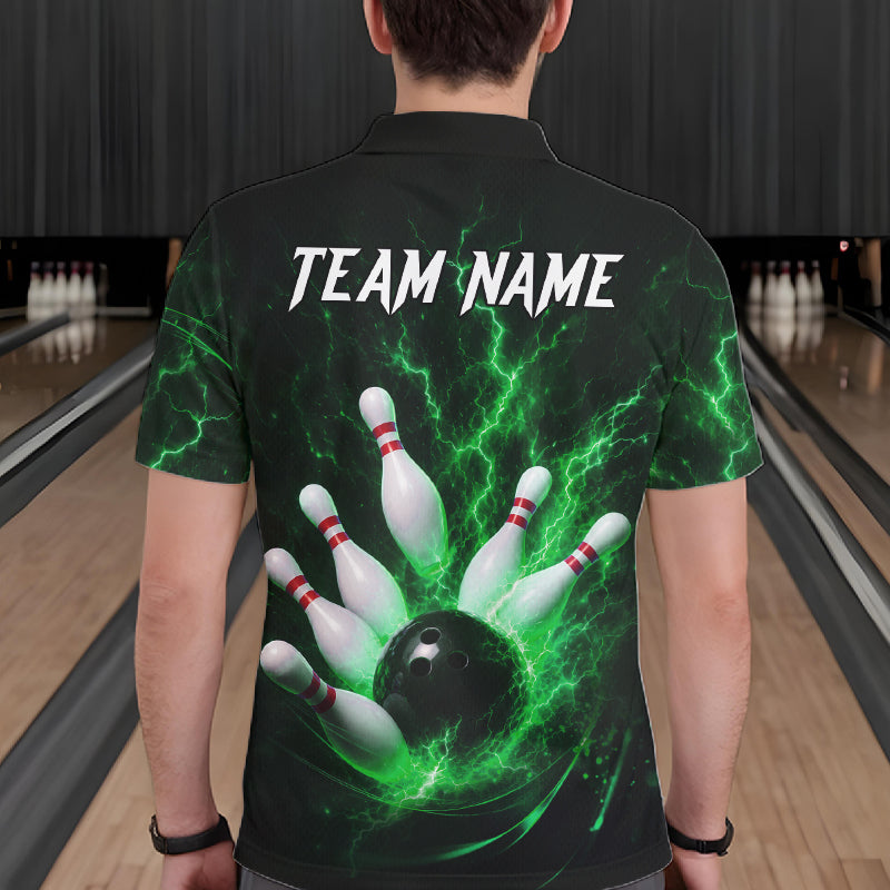 Personalized Green Thunder Lightning Bowling Jersey For Men, Bowling League Shirts Polo & 1/4 Zip TDM6575