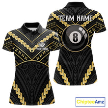 Load image into Gallery viewer, Black and gold 8 ball tribal billiard polo shirt for women with custom pool team graphics.
