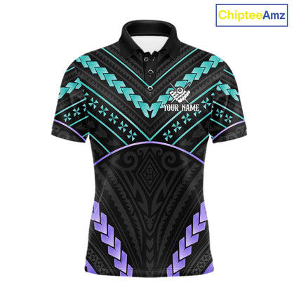 Teal and purple 8 ball tribal billiard polo shirt for men with custom pool team graphics.