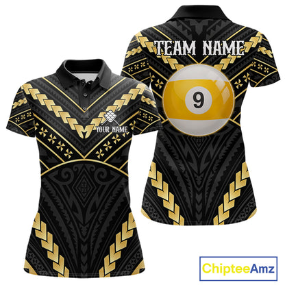 Black and gold 9 ball tribal billiard polo shirt for women with custom pool team graphics.