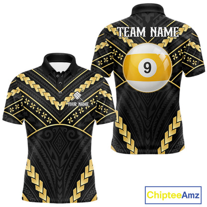 Black and gold 9 ball tribal billiard polo shirt for men with custom pool team graphics.
