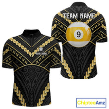 Load image into Gallery viewer, Black and gold 9 ball tribal billiard quarter zip shirt for men designed for league tournaments and team events.