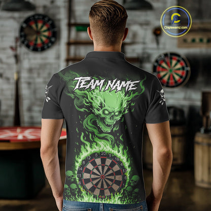 Green Flaming Skull Darts Shirt For Men Custom Darts Jersey Team Polo & Quarter Zip TDM5055