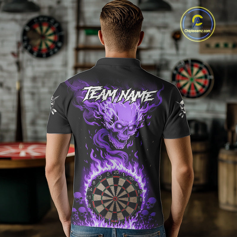 Purple Flaming Skull Darts Shirt For Men Custom Darts Jersey Team Polo & Quarter Zip TDM5056
