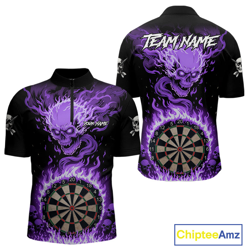 Purple Flaming Skull Darts Shirt For Men Custom Darts Jersey Team Polo & Quarter Zip TDM5056
