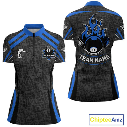 Black And Blue 8 Ball Flame Billiard Shirt For Women Custom Pool Team Shirt, Billiard Jersey TDM5791