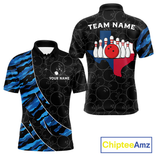 Texas Flag Blue Camo Bowling Shirt For Men Custom Patriotic Bowling Team Jersey Polo & 1/4 Zip TDM6387