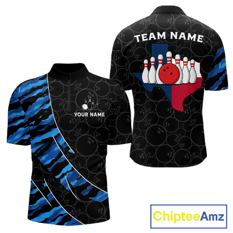 Texas Flag Blue Camo Bowling Shirt For Men Custom Patriotic Bowling Team Jersey Polo & 1/4 Zip TDM6387