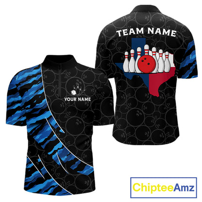 Texas Flag Blue Camo Bowling Shirt For Men Custom Patriotic Bowling Team Jersey Polo & 1/4 Zip TDM6387