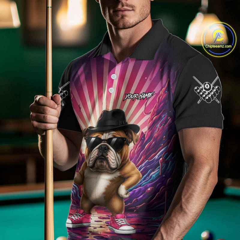 Man wearing a pink graffiti bulldog 8 ball billiard jersey beside a pool table front view.