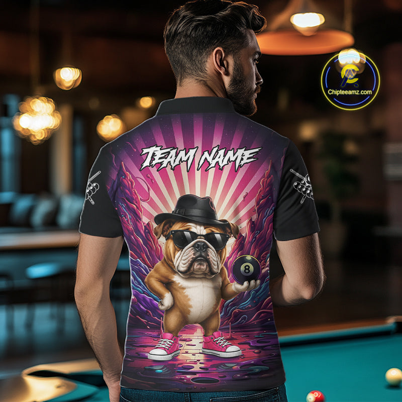 Back view of man wearing a pink graffiti bulldog 8 ball pool shirt in a billiards hall.