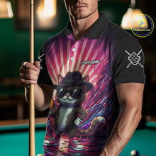 Load image into Gallery viewer, Man wearing a pink graffiti cat 9 ball billiard jersey beside a pool table front view.