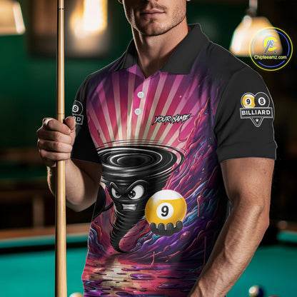 Man wearing a pink graffiti tornado 8 ball and 9 ball billiard jersey beside a pool table front view.