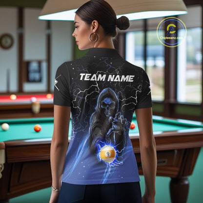 Back view of woman wearing a blue grim reaper lightning 9 ball pool shirt in a billiards hall.