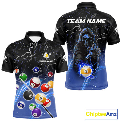 Blue grim reaper lightning 9 ball billiard polo shirt for men with custom pool team graphics.
