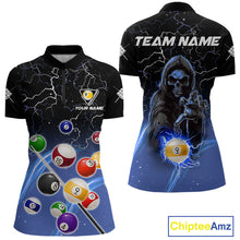 Load image into Gallery viewer, Blue grim reaper lightning 9 ball billiard quarter zip shirt for women designed for league tournaments and team events.