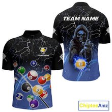 Load image into Gallery viewer, Blue grim reaper lightning 9 ball billiard quarter zip shirt for men designed for league tournaments and team events.