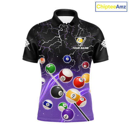 Purple grim reaper lightning 9 ball billiard polo shirt for men with custom pool team graphics.