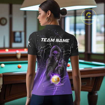 Back view of woman wearing a purple grim reaper lightning 9 ball pool shirt in a billiards hall.