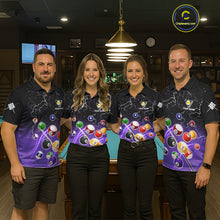 Load image into Gallery viewer, Pool team wearing matching purple grim reaper lightning 9 ball billiard jerseys during tournament competition front view.
