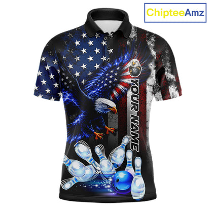 Custom blue eagle American flag bowling team jersey polo shirt for men featuring a patriotic eagle and American flag design, premium custom bowling team apparel.