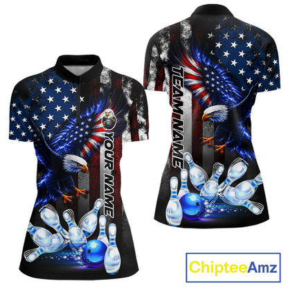 Custom blue eagle American flag bowling team jersey quarter zip shirt for women featuring patriotic eagle American flag artwork, premium custom bowling apparel.