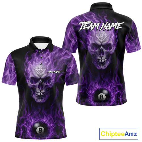 Purple Flaming Skull 8 Ball Fire Billiard Shirt For Men Custom Billiard Team Jersey Polo & 1/4 Zip TDM5062