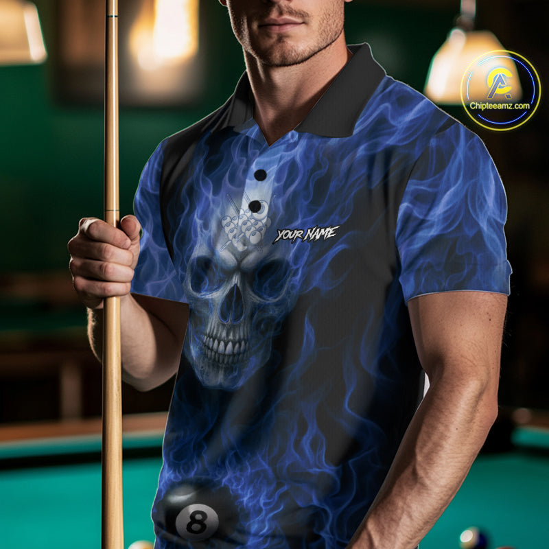 Blue Flaming Skull 8 Ball Fire Billiard Shirt For Men Custom Billiard Team Jersey Polo & 1/4 Zip TDM5063