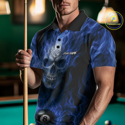 Blue Flaming Skull 8 Ball Fire Billiard Shirt For Men Custom Billiard Team Jersey Polo & 1/4 Zip TDM5063
