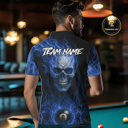 Blue Flaming Skull 8 Ball Fire Billiard Shirt For Men Custom Billiard Team Jersey Polo & 1/4 Zip TDM5063