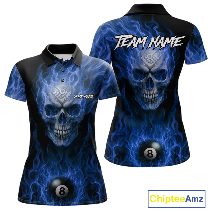 Blue Flaming Skull 8 Ball Fire Billiard Shirt For Women Custom Billiard Team Jersey Polo & 1/4 Zip TDM5063