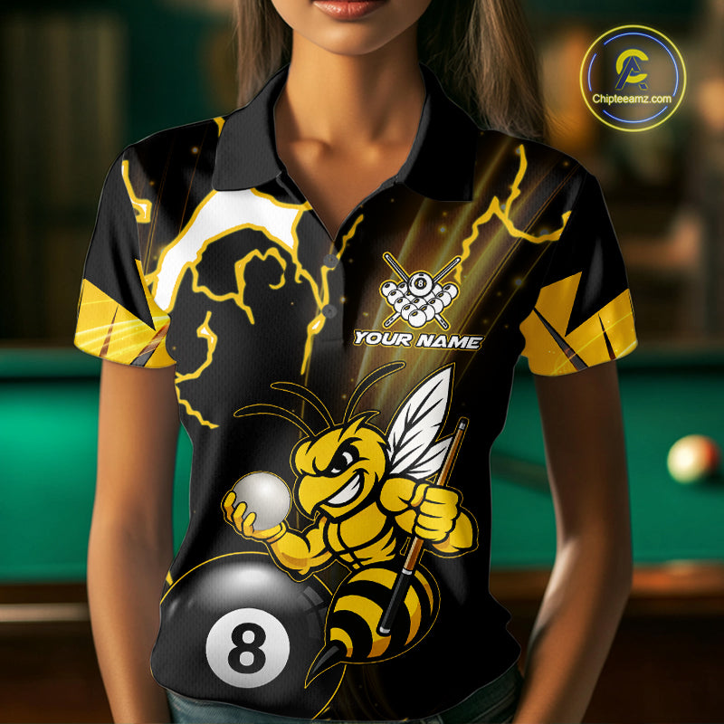 Woman wearing a yellow black funny bee thunder lightning 8 ball custom billiard jersey front view, personalized pool team shirt.