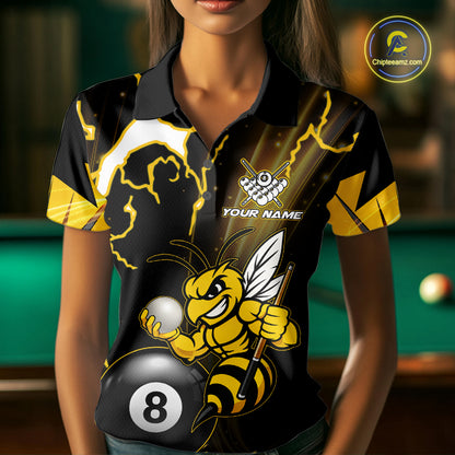 Woman wearing a yellow black funny bee thunder lightning 8 ball custom billiard jersey front view, personalized pool team shirt.