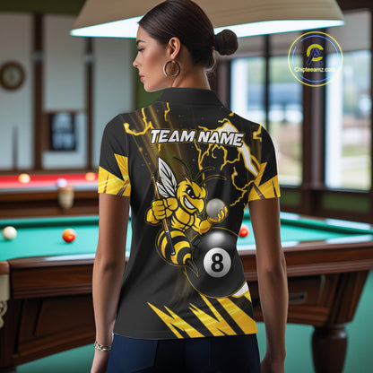 Back view of woman wearing a yellow black funny bee thunder lightning 8 ball billiard team jersey, custom pool tournament shirt.