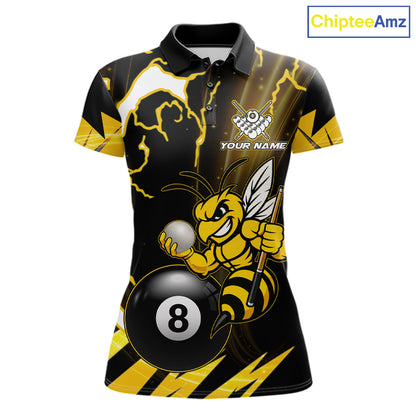 Yellow black funny bee thunder lightning 8 ball custom billiard polo shirt for women, personalized pool team jersey for tournaments.