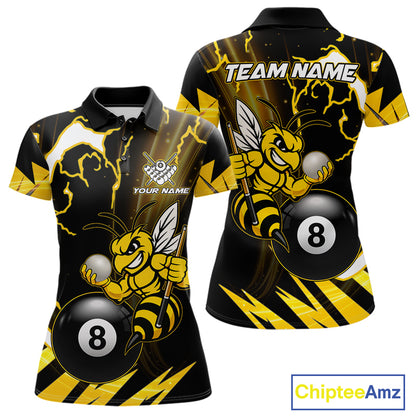 Yellow black funny bee thunder lightning 8 ball pool team polo shirt with custom billiard graphics, personalized billiard team jersey.